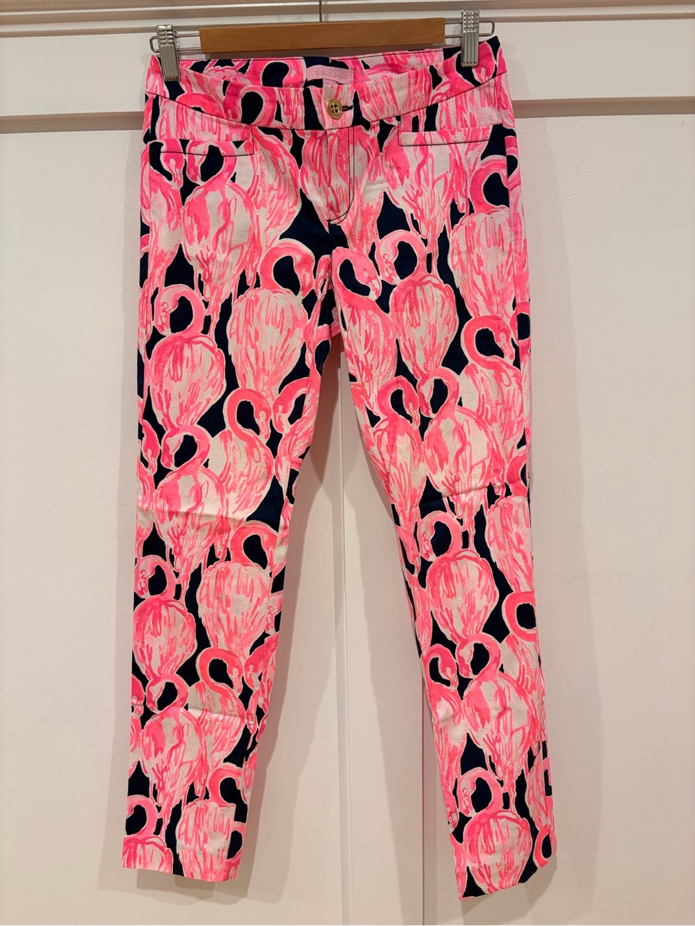 Lilly Pulitzer Kelly Skinny Ankle Pants Neon Pink & Navy Flamingo Cropped Pants